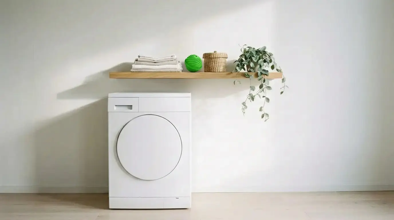 Green BioWashBall laundry ball on a wooden shelf above a white washing machine, next to folded towels and a woven basket, with no detergent bottles
