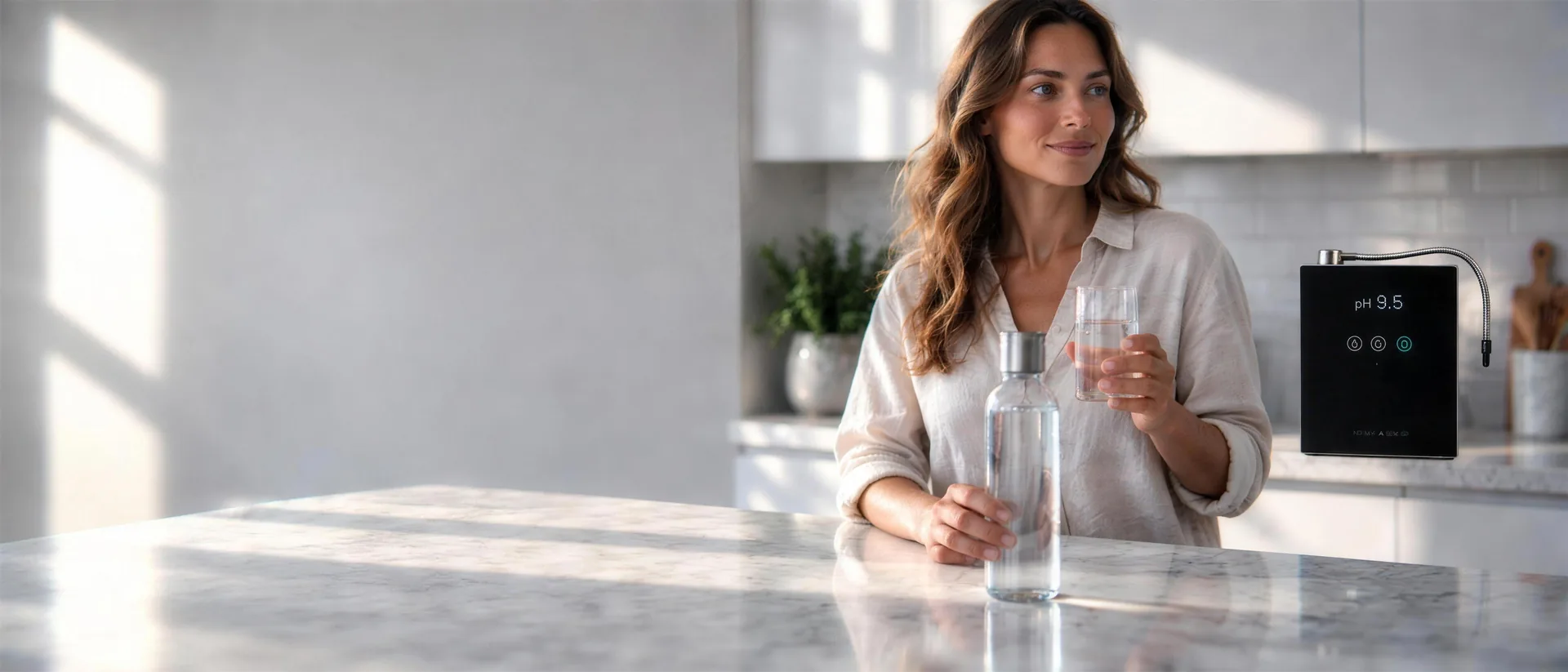 Woman holding a glass of alkaline water at a kitchen island with an H2CAP bottle and Alpha 1700 black water ionizer